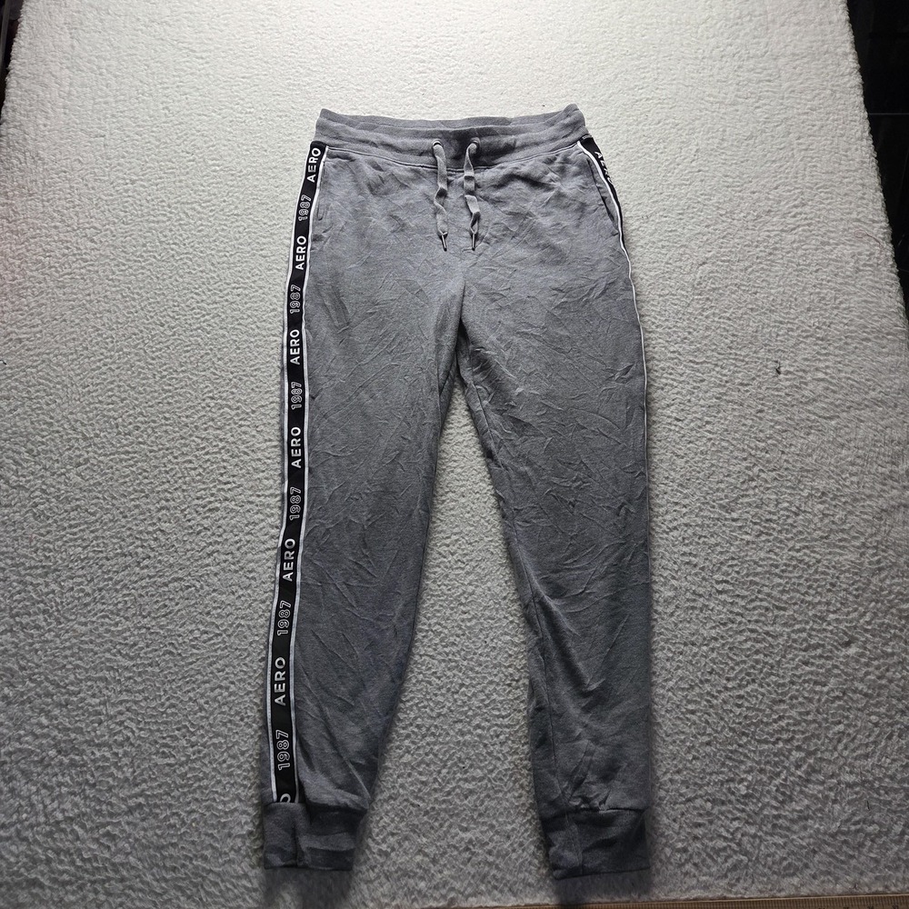 Aeropostale Jogger Pants Womens S Gray Fleece Elastic Waist AERO 1987 Stripe